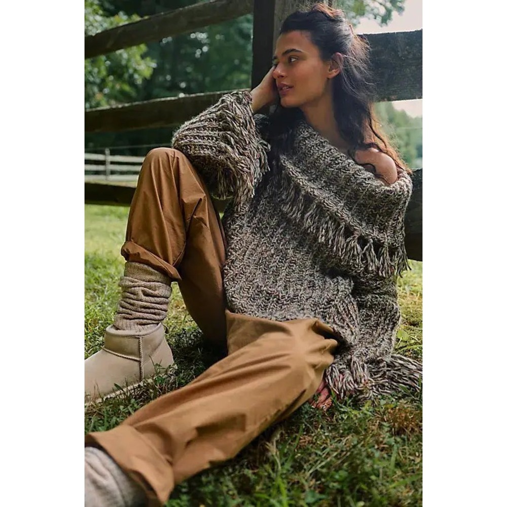 Free People FP One Kinsley Fringe Cowl Neck Sweater Brown Marled Medium NWT